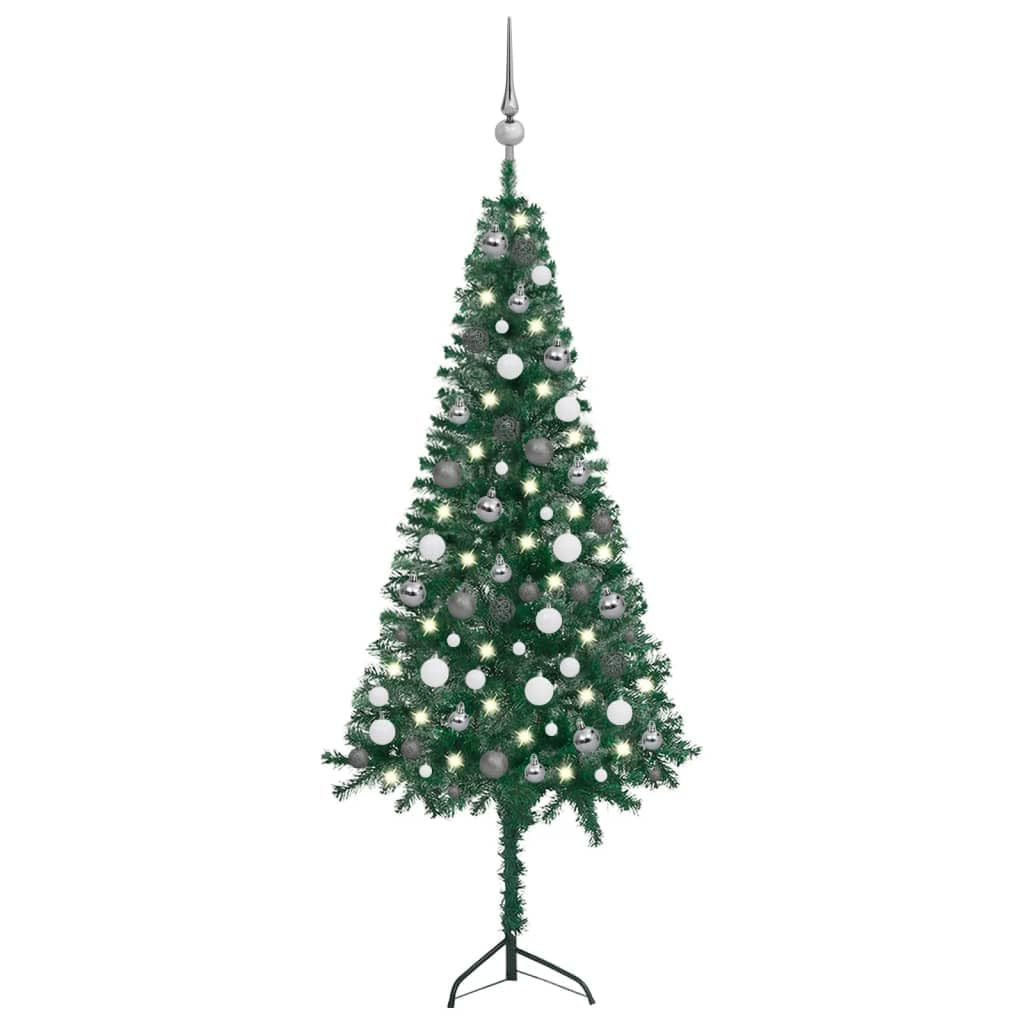 vidaXL Green Corner PVC Artificial Christmas Tree with LED Lights and Ornament Balls - 59.1&quot; Height, 21.7&quot; Width - Includes Steel Stand