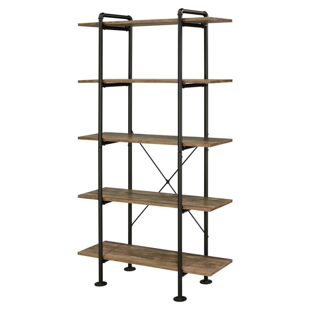 Acme Nefo 5 Wooden Tiers Shelf Bookcase in Rustic Oak and Black