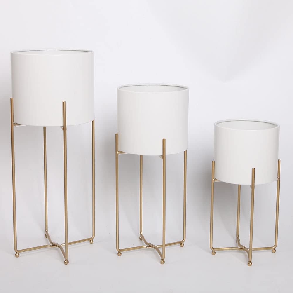 White Planters With Gold Stands For Indoor Plants, Large Metal Flower Pots Set Of 3, Tall Floor Standing Planters For Mid Centur
