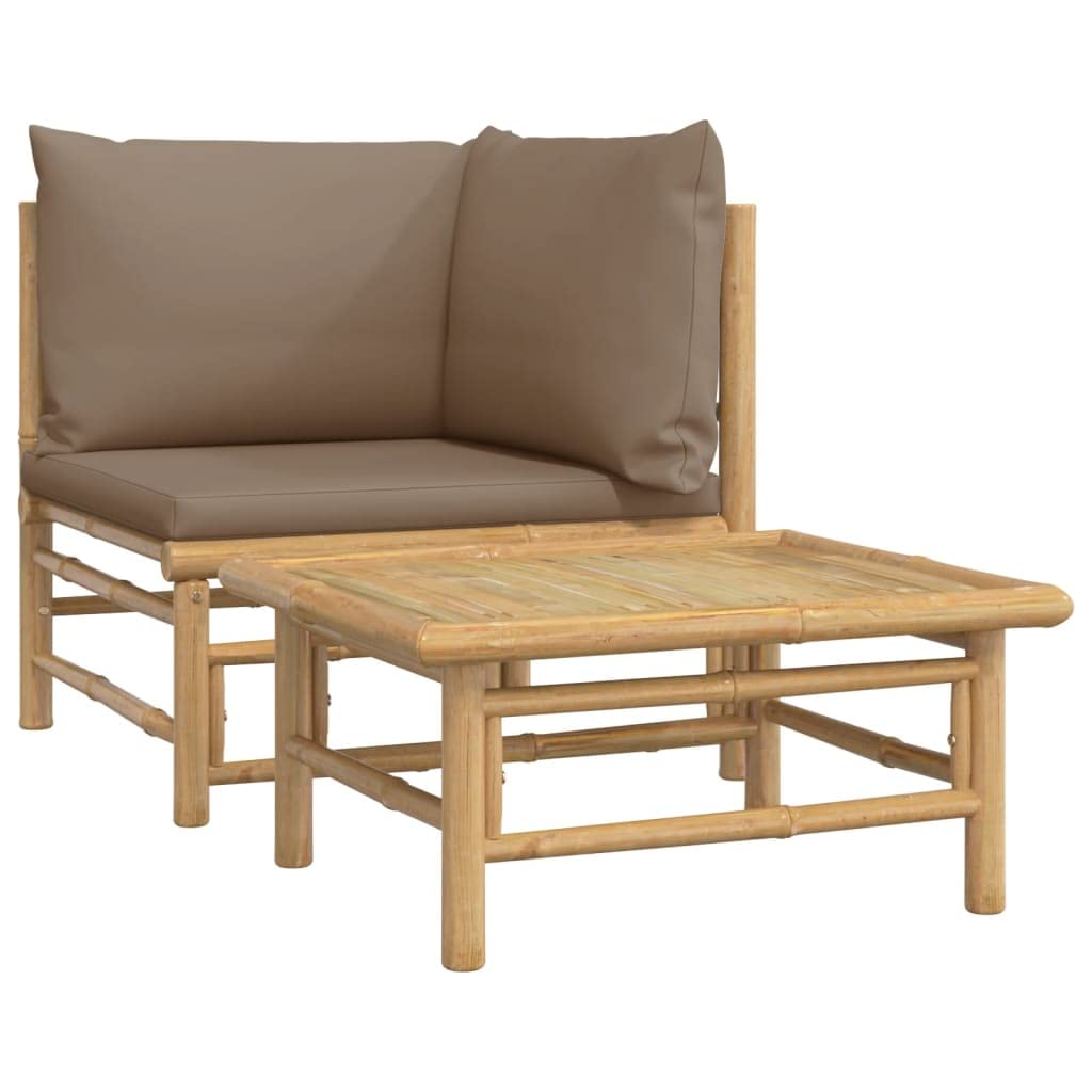vidaXL Patio Lounge Set, 2-Piece, Bamboo Furniture, with Taupe Cushions - Includes a Corner Sofa and Coffee Table - Ideal for Outdoor Spaces