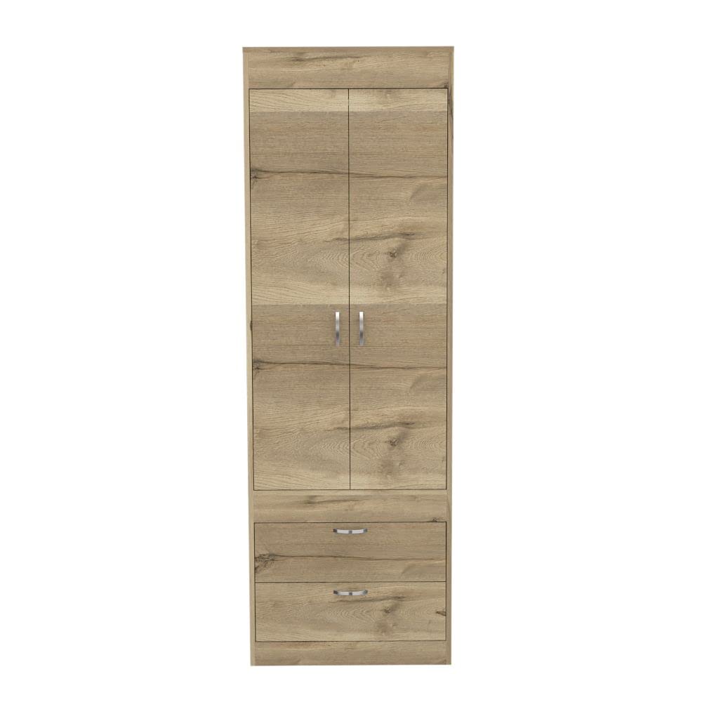 Depot E-Shop Portugal Armoire, Double Door Cabinet, Two Drawers, Metal Handles, Rod, Light Oak/Black -Bedroom