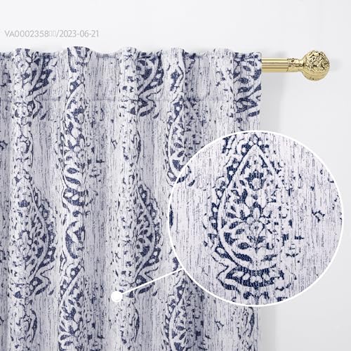 102 Inch Long 2 Panels Curtain Sets For Living Room,Boho Pattern 50% Blackout Black Out Darkening Light Filtering Back Tab Patterned Print Bedroom Curtains With Desigh,102 In Length,Navy Blue