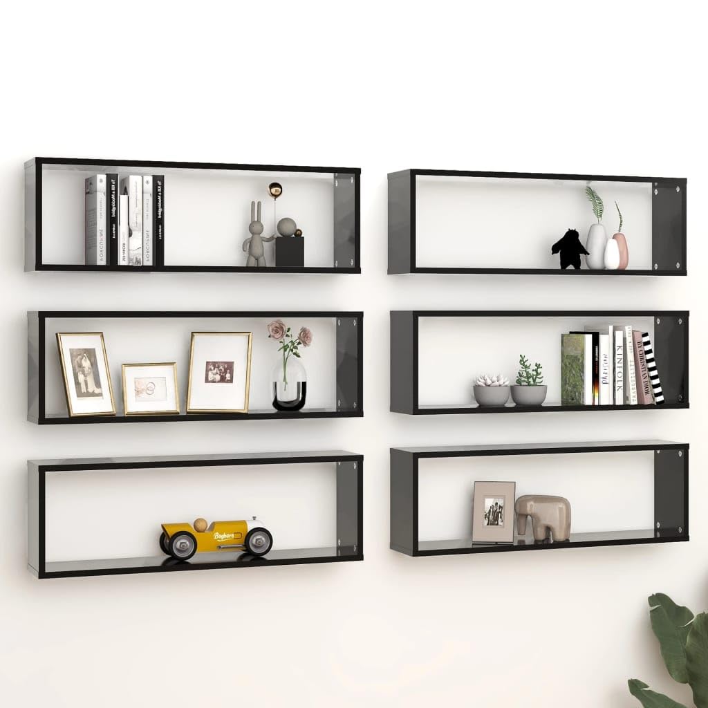 vidaXL Wall Cube Shelves 6 pcs Black 31.5"x5.9"x10.4" Engineered Wood
