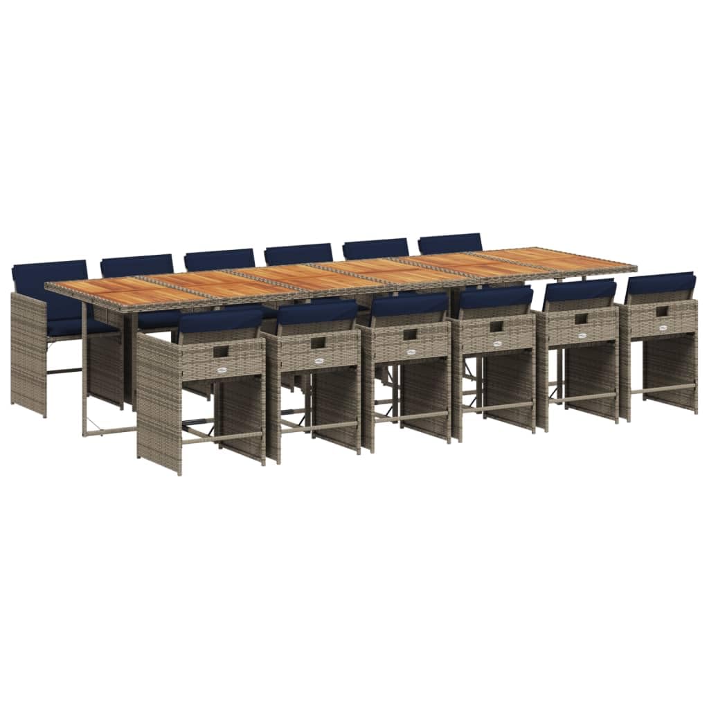 vidaXL Patio Dining Set with Cushions - 13 Piece Gray Poly Rattan, PE Rattan Table & Chairs, Weather-Resistant, Navy Blue Cushions with Removable Polyester Covers, Acacia Wood Top