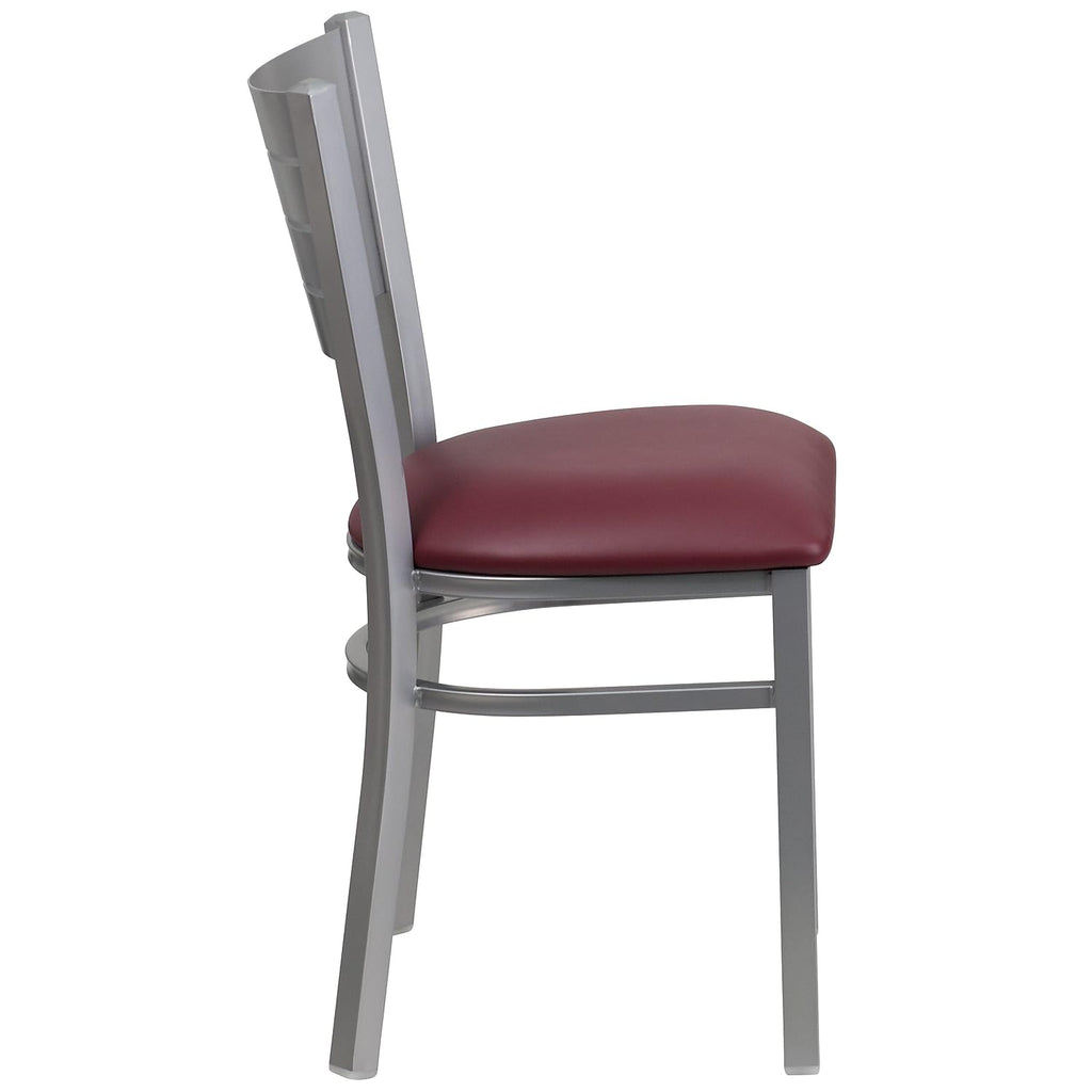 Flash Furniture HERCULES Series Silver Slat Back Metal Restaurant Chair - Burgundy Vinyl Seat