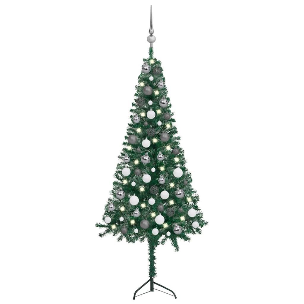 Vidaxl 47.2&quot; Corner Artificial Christmas Tree With Leds And Decorative Ball Set - Pvc And Steel Stand - Green And Gray Color Combination - Energy-Efficient, Economical & Adjustable For Limited Spaces