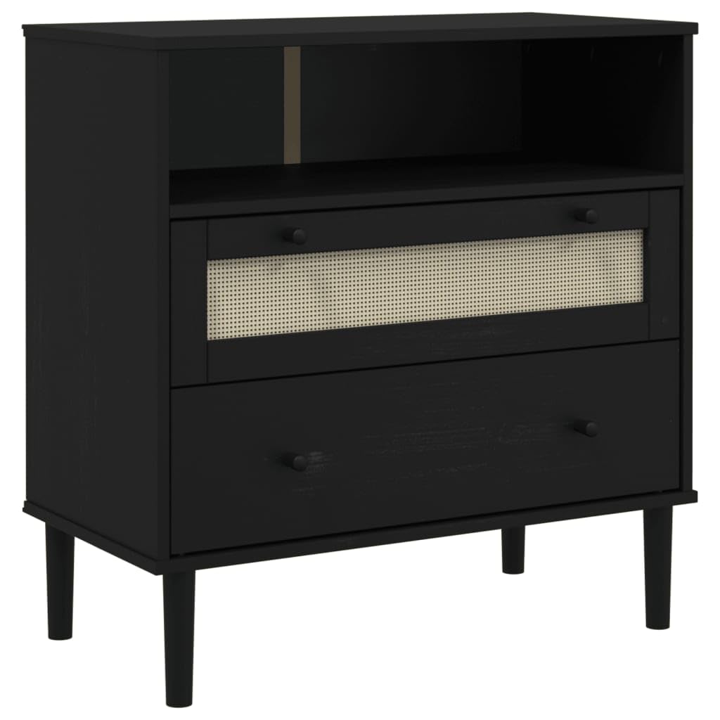 vidaXL SENJA Sideboard - Solid Pine Wood with UV Varnish Finish and Poly Rattan Detail - Rattan Look in Black - Ample Storage with 2 Drawers and 1 Compartment