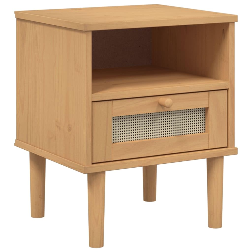 vidaXL Bedside Cabinet SENJA in Rattan Look - Brown Solid Pine Wood Nightstand with Storage Compartment and Drawer