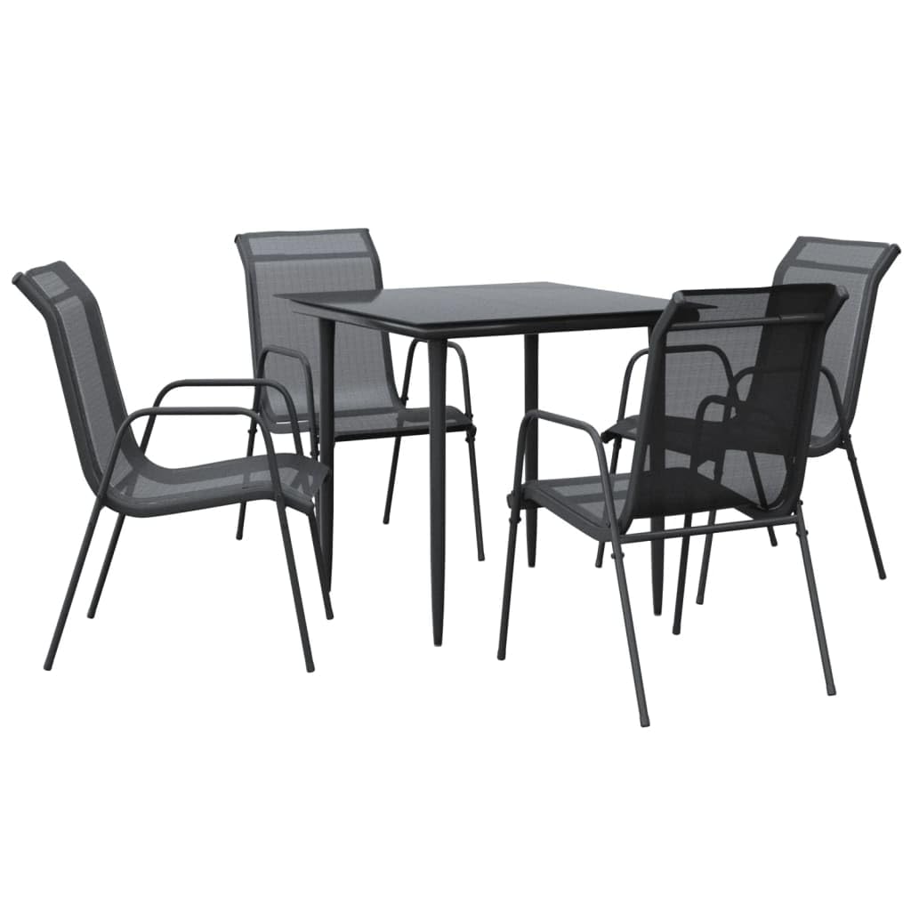 vidaXL 5 Piece Patio Dining Set - Black Powder-Coated Steel and Textilene Construction with Tempered Glass Tabletop