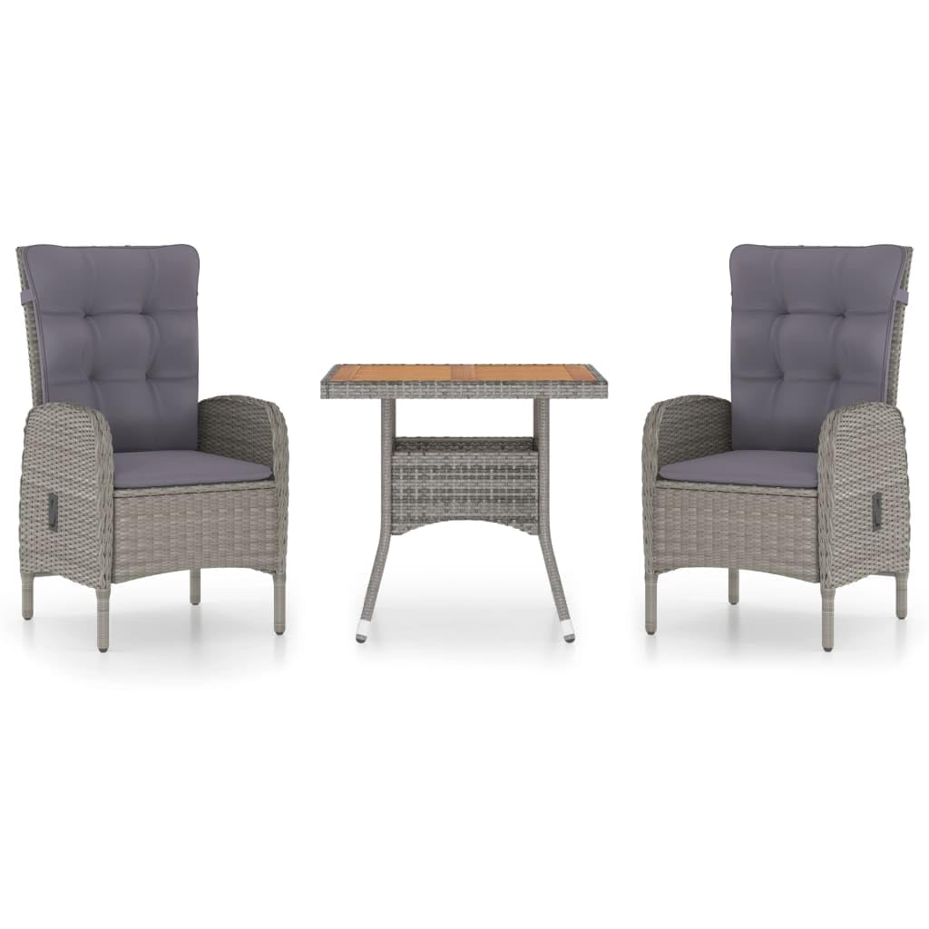 vidaXL Solid Acacia Wood Patio Dining Set 3 Piece Garden Outdoor Lawn Terrace Wooden Seat Seating Sitting Dinner Chair Furniture Poly Rattan Gray