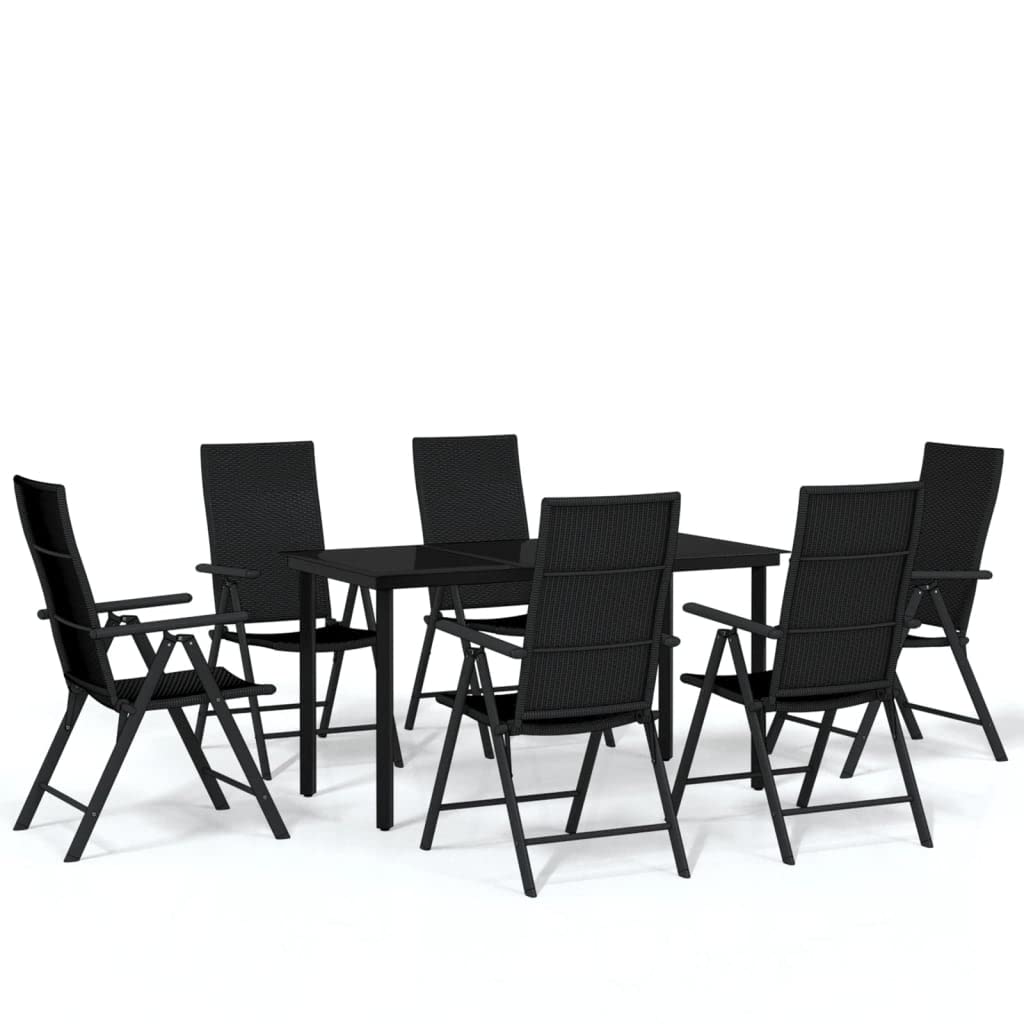 vidaXL 7-Piece Patio Dining Set – Outdoor Black Garden Furniture with Powder-Coated Steel Frame, Glass Tabletop, PE Rattan Chairs with 7 Positions