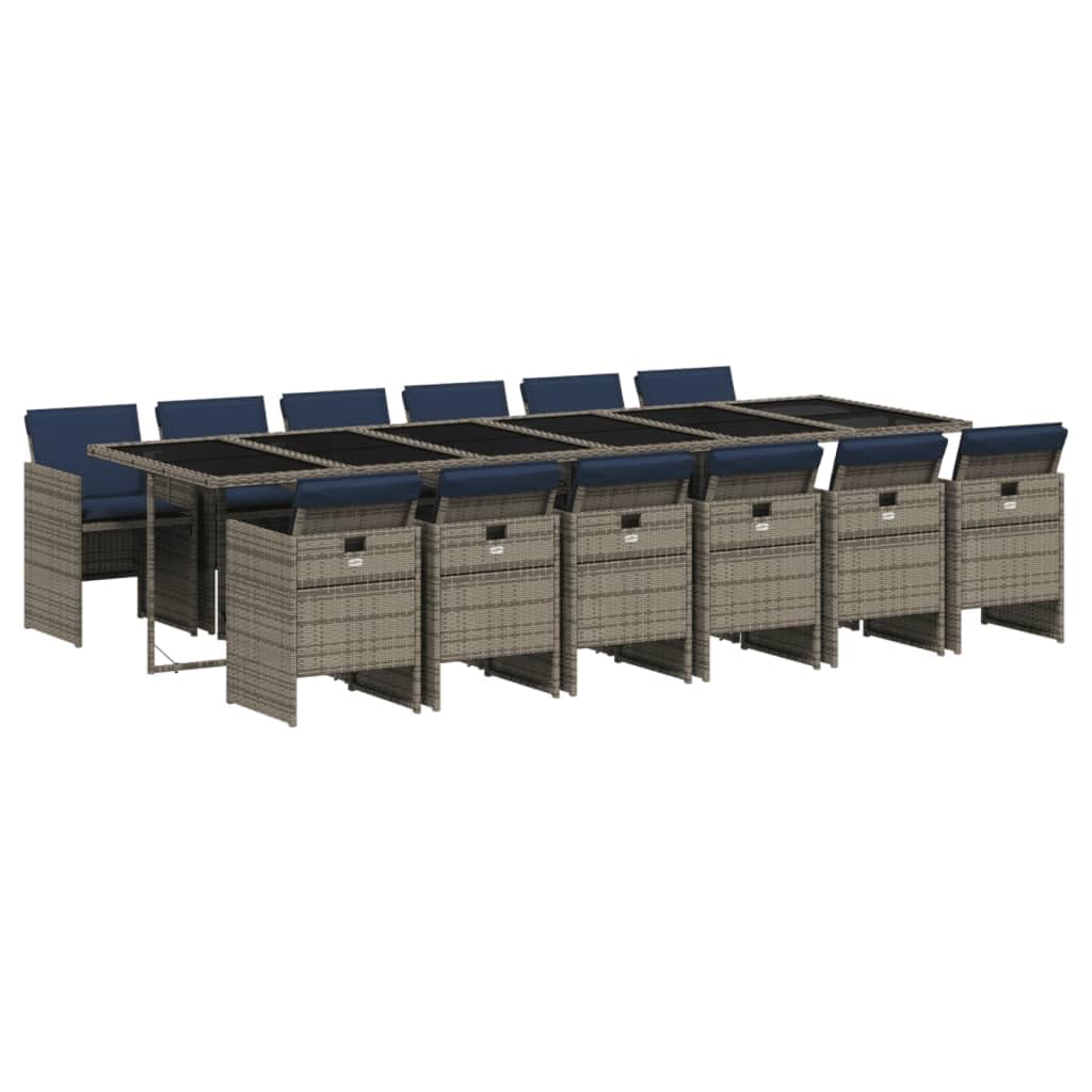 vidaXL Patio Dining Set - 13 Piece Gray Poly Rattan Furniture with Cushions - Outdoor Garden & Backyard - Folding Chairs - Space-Saving Storage - Tempered Glass Tabletop - Navy Blue Cushions