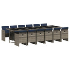 vidaXL Patio Dining Set - 13 Piece Gray Poly Rattan Furniture with Cushions - Outdoor Garden & Backyard - Folding Chairs - Space-Saving Storage - Tempered Glass Tabletop - Navy Blue Cushions