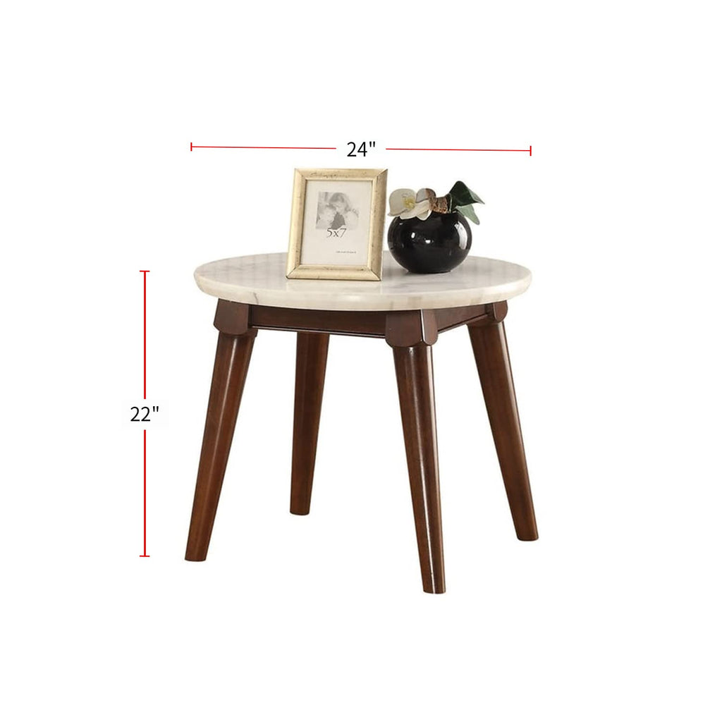 acme AC-82892 End Table, 24" Dia x 22" H, White Marble & Walnut