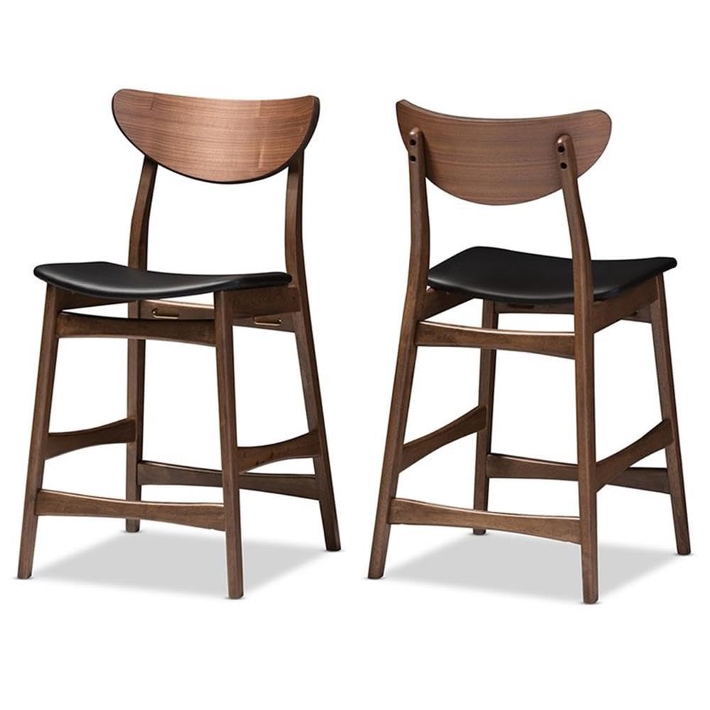 Baxton Studio 2 Piece Latina Scandinavian Style Faux Leather Upholstered Walnut Counter Stool Set, 24", Black