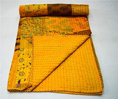Yuvancrafts Indian Traditional Patch Work Kantha Quilt Pure Cotton Handmade Queen Quilt Blanket Bedspreads Throw