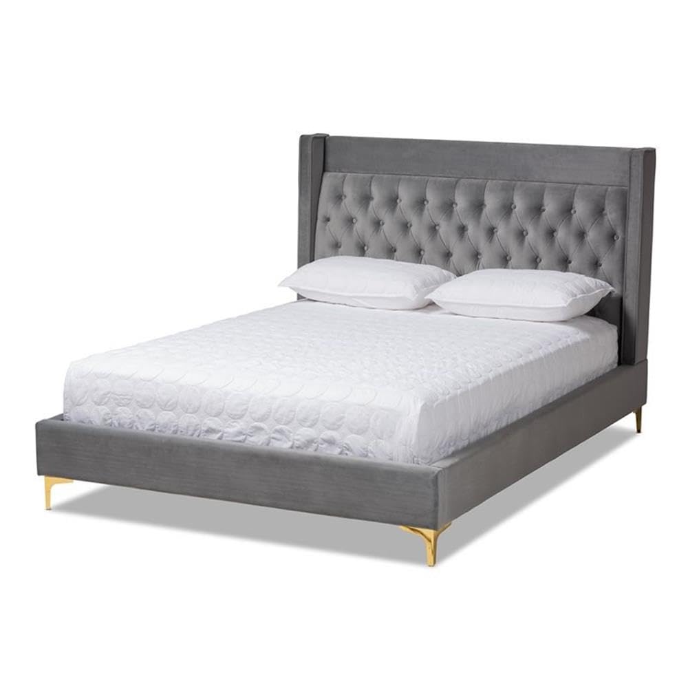 Baxton Studio Valery Modern and Contemporary Dark Gray Velvet Fabric Upholstered King Size Platform Bed with Gold-Finished Legs