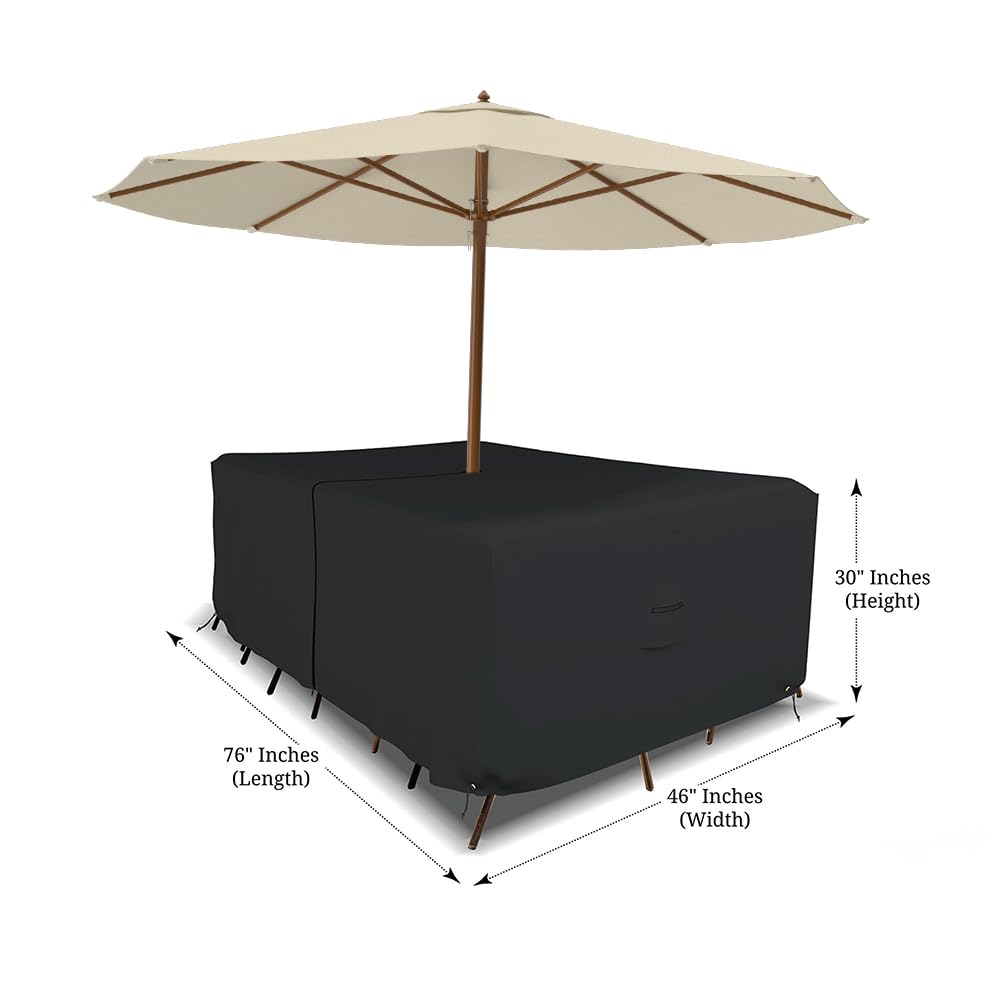 Covers & All Rectangle Table & Chair Set Cover, Umbrella Hole, 12 Oz Waterproof Uv & Weather Resistant, Patio Lawn Garden Backyard Furniture, Air Vents & Drawstrings (76''L X 46''W X 30''H, Black)