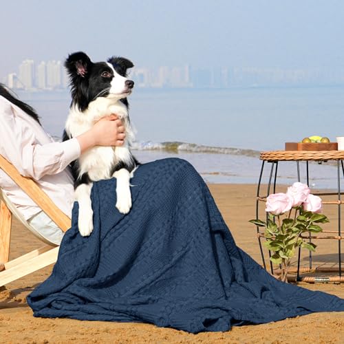 Phf Cooling Waffle Blanket Queen Size, Lightweight 60% Rayon Derived From Bamboo & 40% Cotton Breathable Blanket For Hot Sleepers, Soft And Luxury For Bed Couch And Sofa, 90'X90', Navy Blue