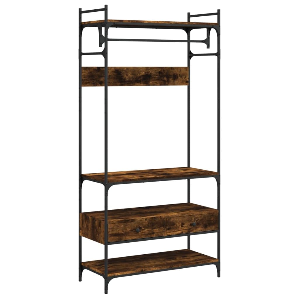 vidaXL Smoked Oak Wardrobe Engineered Wood with Drawers and Metal Frame - Modern Clothes Organizer for Bedroom, 35'x15.4'x72.6