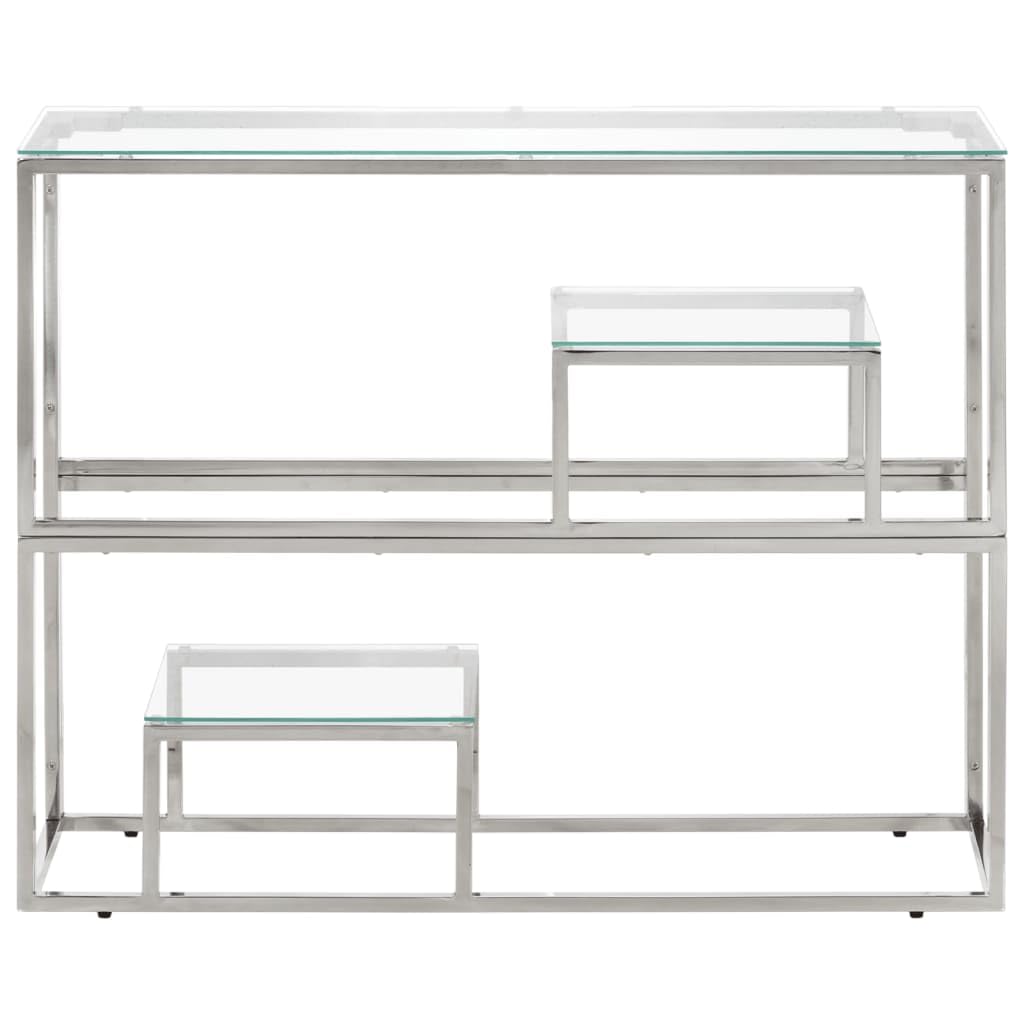 vidaXL Silver Console Table with Tempered Glass Top - Modern Stainless Steel Sofa Table for Entryway, Hallway Decor, Living Room Display - 35.4 x 11.8 x 27.6