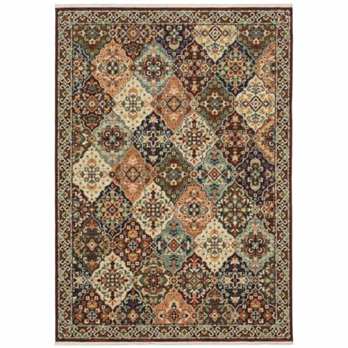HomeRoots 509272 6 x 9 ft. Red Rust Navy Light Blue Brown Orange Ivory & Gold Oriental Power Loom Stain Resistant Rectangle Area Rug with Fringe
