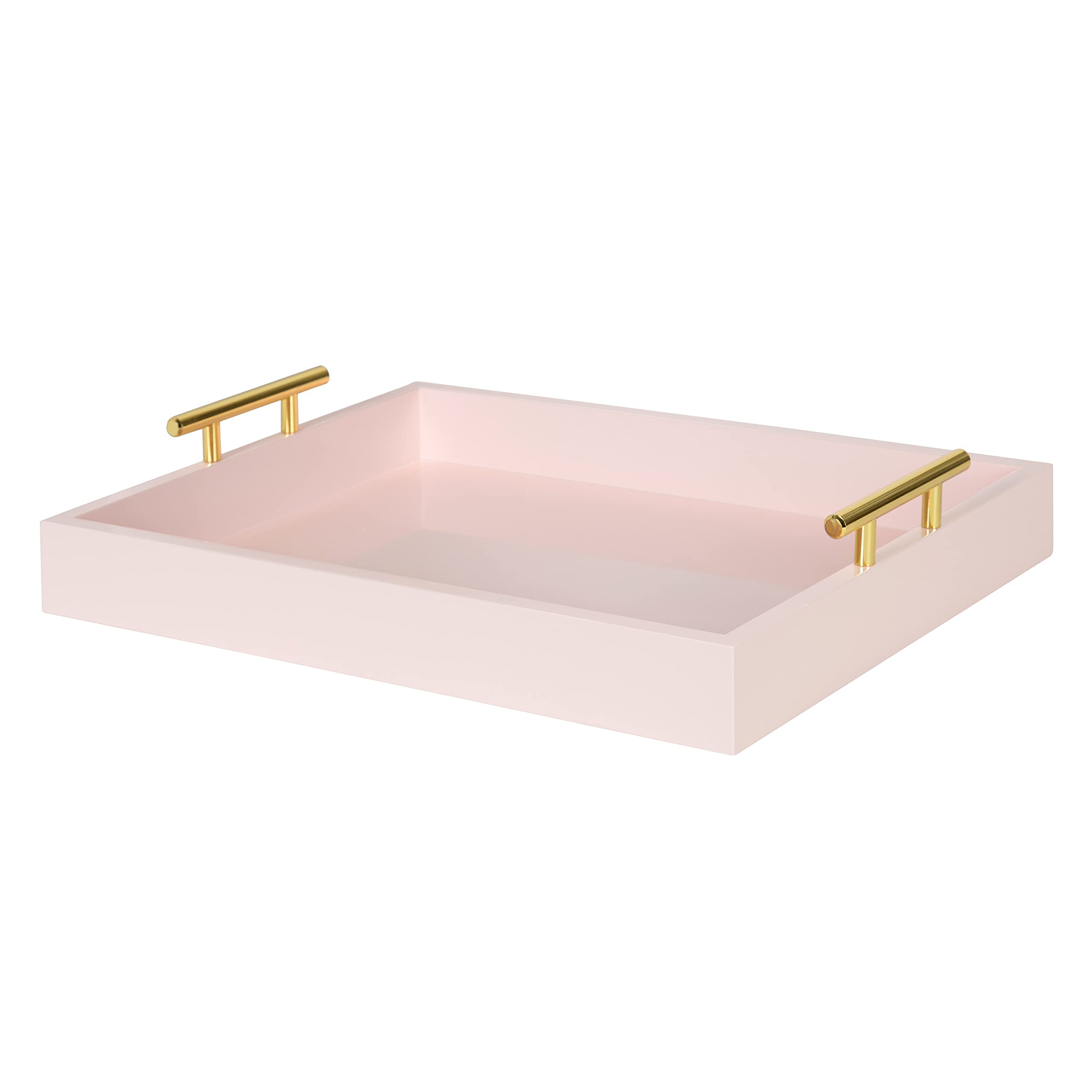 Kate and Laurel Lipton Decorative Tray with Polished Gold Metal Handles, Soft Pink