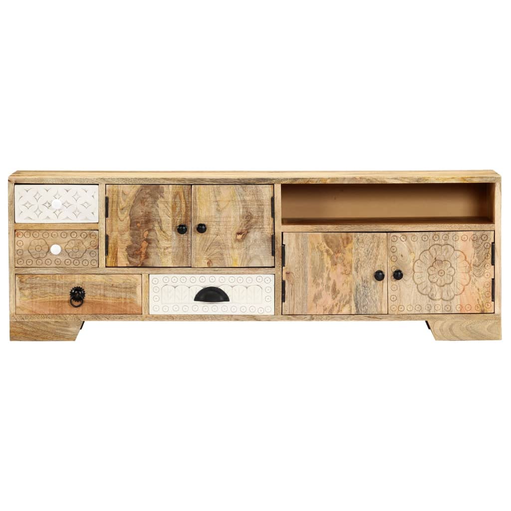 vidaXL Solid Mango Wood TV Stand - 47.2&quot;x11.8&quot;x15.7&quot; Rustic Brown Television Console with Four Drawers & Compartments, Decorative Hand-Carved Patterns