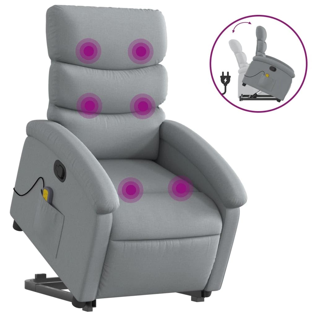 vidaXL Power Lift Massage Recliner Chair-Manual Tilt, Vibration, Sturdy Frame, Side Pocket-Light Gray Fabric