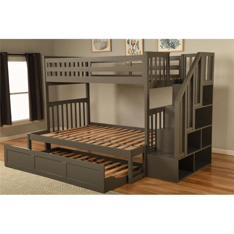 Kodiak Furniture Kelcie Twin/Full Wood Bunk Bed with Storage and Trundle in Dark Gray