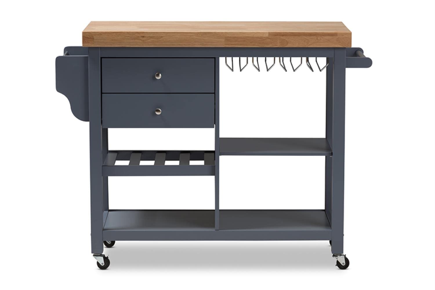 Baxton Studio Sunderland Coastal and Farmhouse Grey Wood Kitchen Cart Grey//Medium Wood/Rubber Wood/Farmhouse
