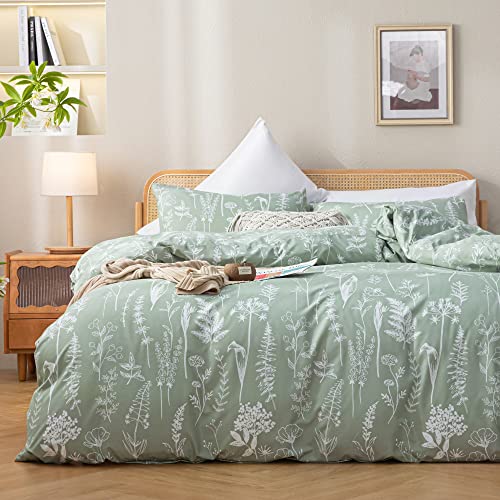 Janzaa Duvet Cover King Size Sage Green Duvet Cover 3 Pieces Floral Duvet Cover White Botanical Printed On Soft Bed Cover With Z