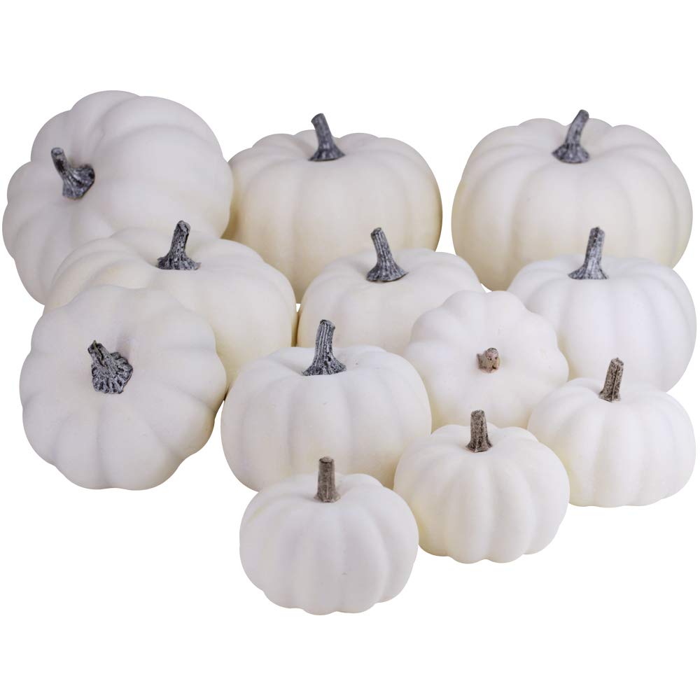 BESTTOYHOME 12 PCS Assorted Sizes Rustic Harvest White Artificial Pumpkins for Halloween, Fall Thanksgiving Decorating Harvest E
