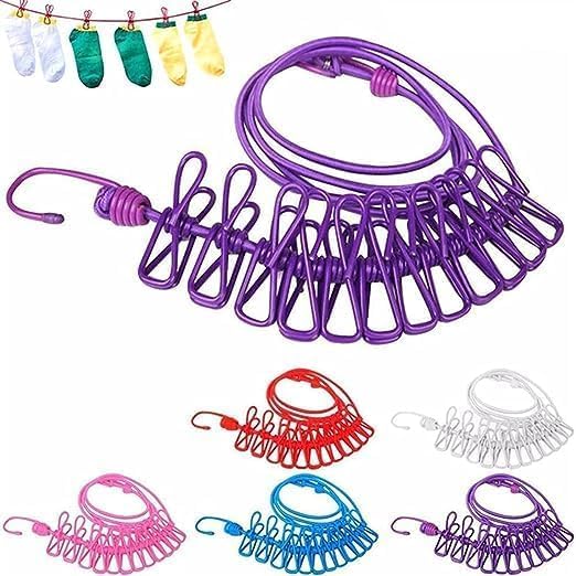 Wishoare Portable Adjustable Elastic Clothesline With Hooks And Clips Travel Clothes Drying Rope For Indoor Outdoor Balcony Bath