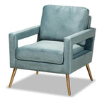 Baxton Studio Leland Glam and Luxe Light Blue Velvet Fabric Upholstered and Gold Finished Armchair