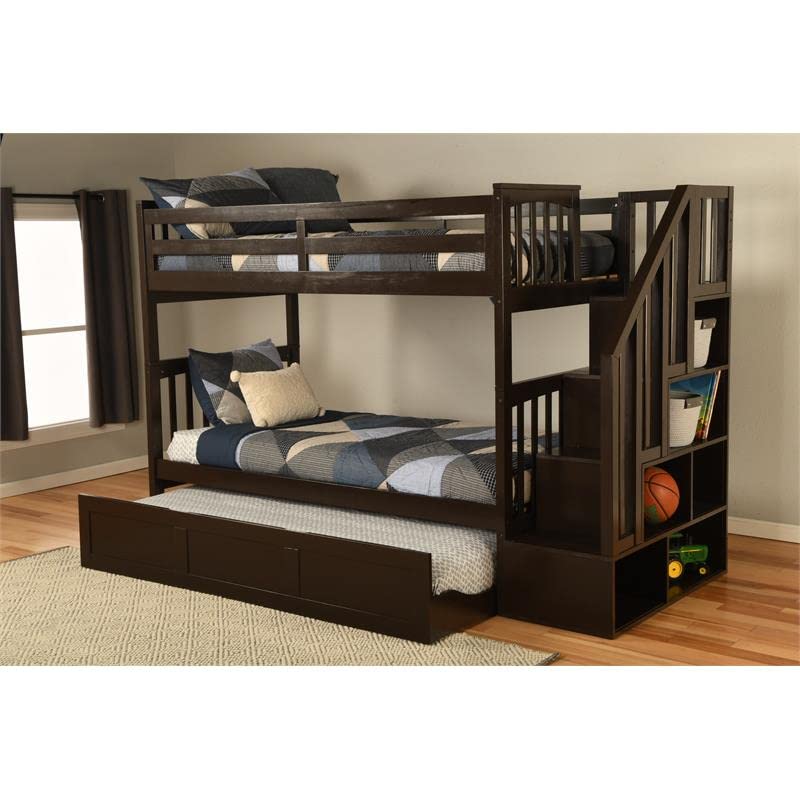 Kodiak Furniture Kelcie Twin/Twin Wood Bunk Bed with Storage and Trundle in Dark Chocolate Brown