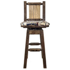 Montana Woodworks Homestead Collection Barstool with Back & Swivel, Upholstered Seat, Woodland Pattern with Laser Engraved Bronc Design, Stained & Lacquered