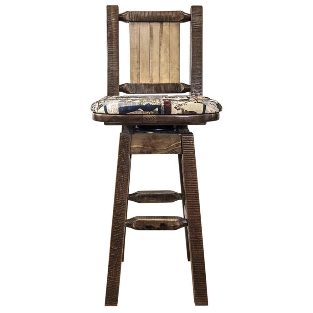 Montana Woodworks Homestead Collection Counter Height Barstool with Back & Swivel, Upholstered Seat, Woodland Pattern with Laser Engraved Elk Design, Stained & Lacquered