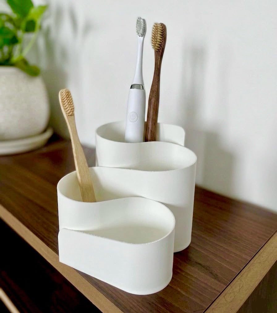 Elegant Curved Toothbrush Holder, MultiCompartment White Matte Brush Holder for Bathroom & Vanity Storage