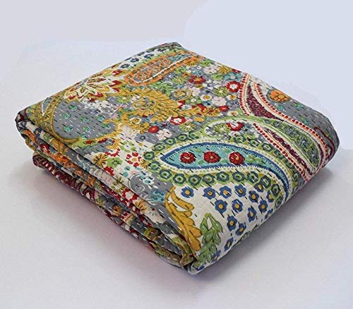 Fashion Hub Textile Work Creations Bohemian Bedding Cotton Single size Kantha Quilt Bed Cover (Multicolour, 60 x 90 Inch), skin