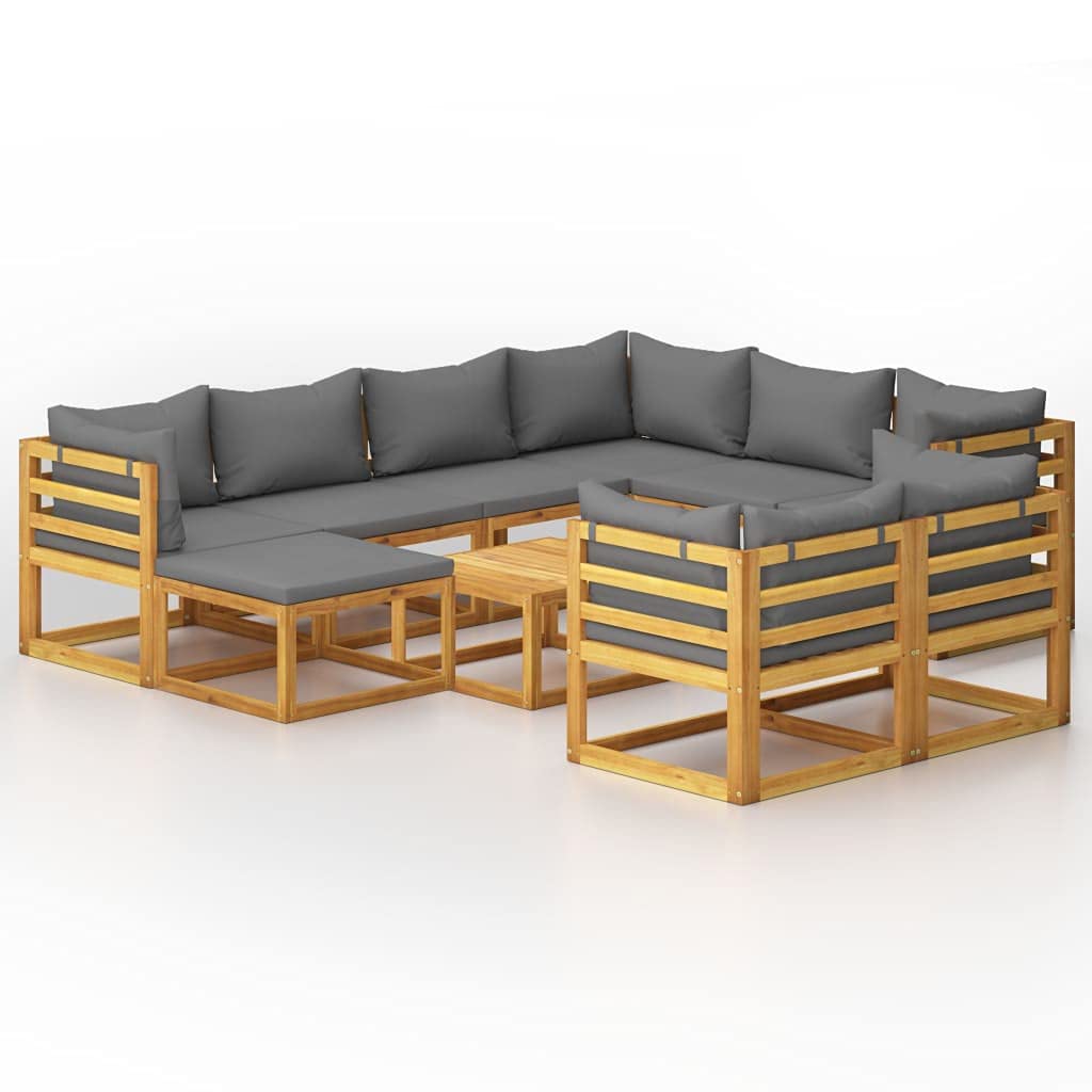 vidaXL Modern Acacia Wood Patio Lounge Set, 10-Piece Outdoor Furniture Set with Cushions and Coffee Table - Suitable for Garden or Patio