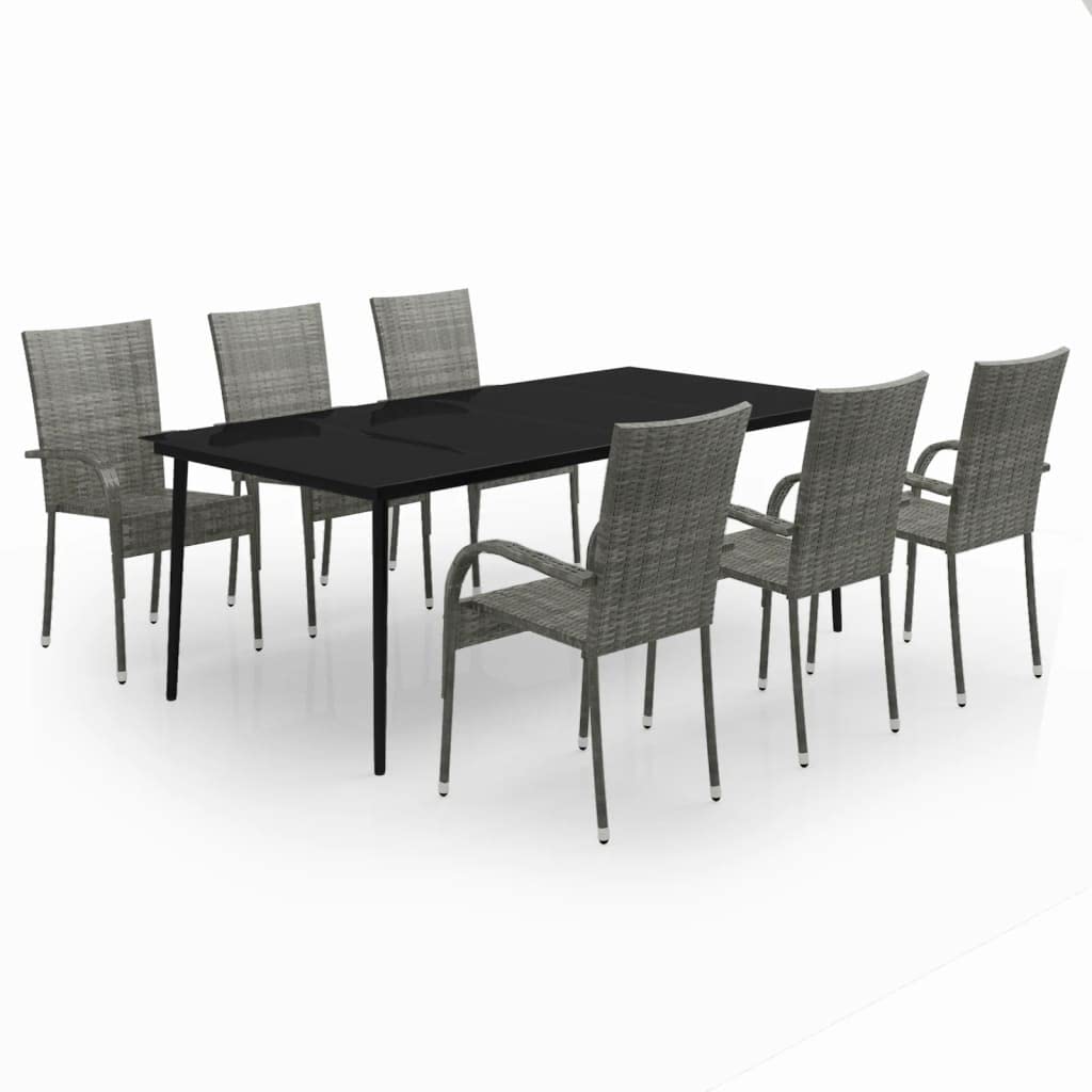 vidaXL 9-Piece Poly Rattan Patio Dining Set in Gray and Black – Glass Top Table & 8 Chairs, Suitable for Outdoor Spaces, Easy-Clean, Water-Resistant PE Rattan
