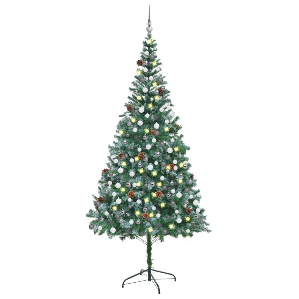 Vidaxl Green White Artificial Christmas Tree With Led Lights, Pinecones, Ball Set, Sturdy Base, 910 Branches, Usb Connector, 82.7-Inch Height