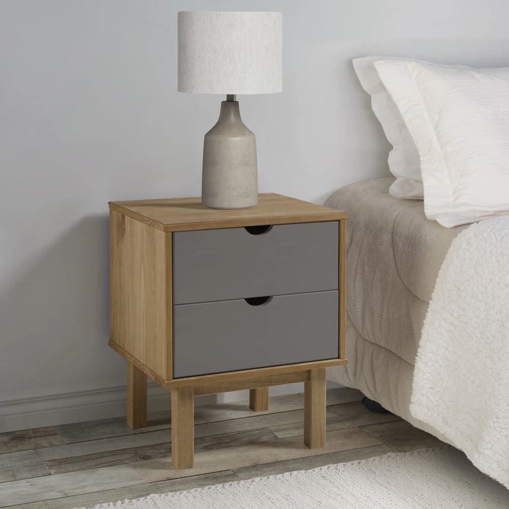 vidaXL Solid Wood Pine Bedside Cabinet - OTTA Range Brown & Gray Color with Two Drawers, Easy to Assemble Ideal for Bedroom or Living Room.