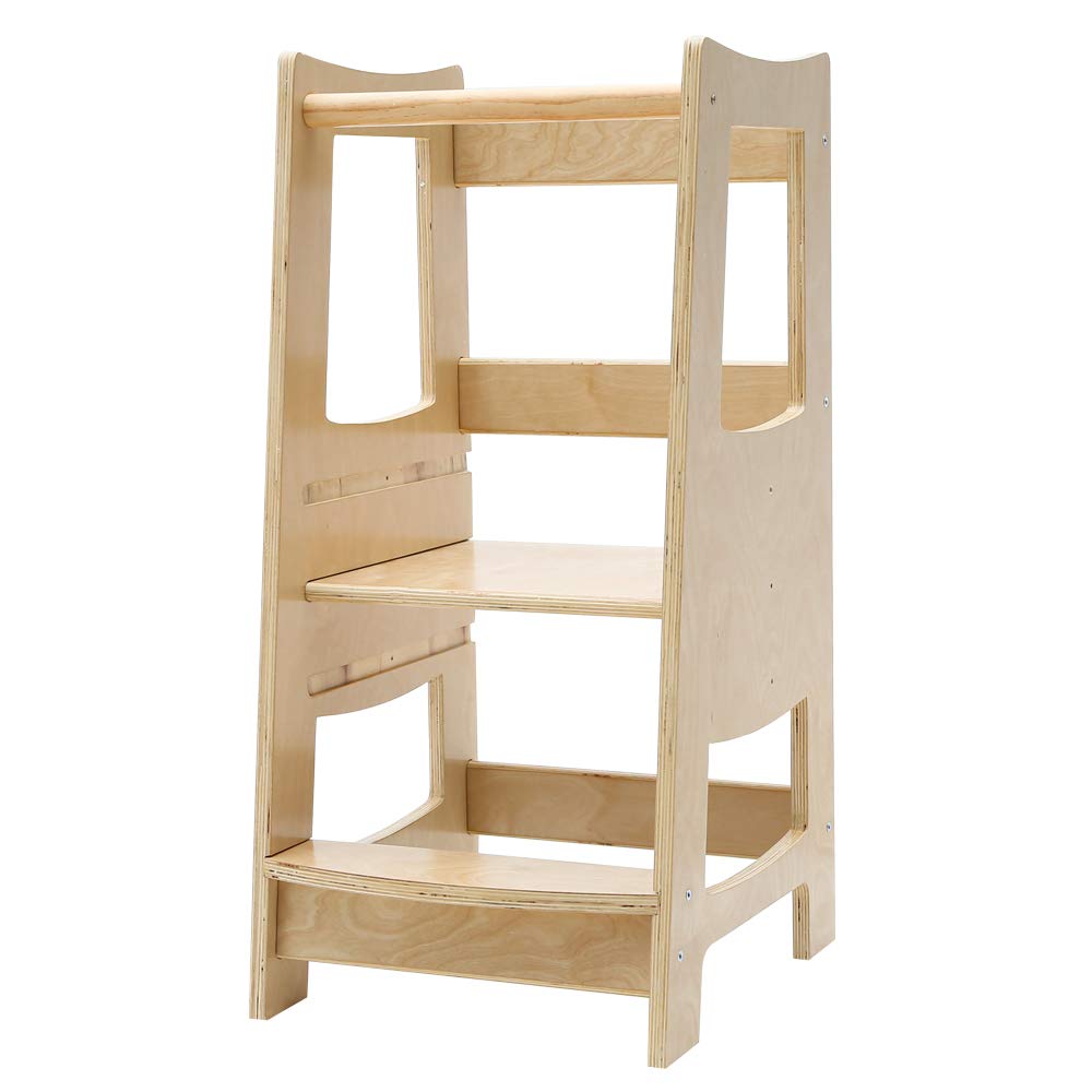 EGREE Toddler Kitchen Step Stool with Safety Rail Kids Wooden Standing Tower for Kitchen Counter and Bathroom Sink, 3 Heights Ad