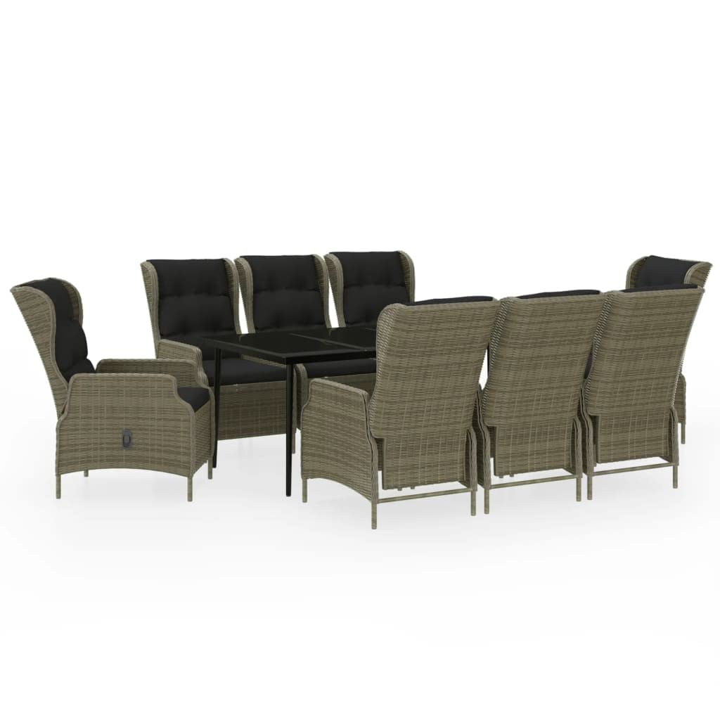 vidaXL Patio Dining Set with Rattan Chairs and Glass Tabletop - Outdoor 9 Piece Dining Set - Adaptable Backrest Reclining Chairs with Cushions - Sleek Black Table - Light Gray Rattan Chairs