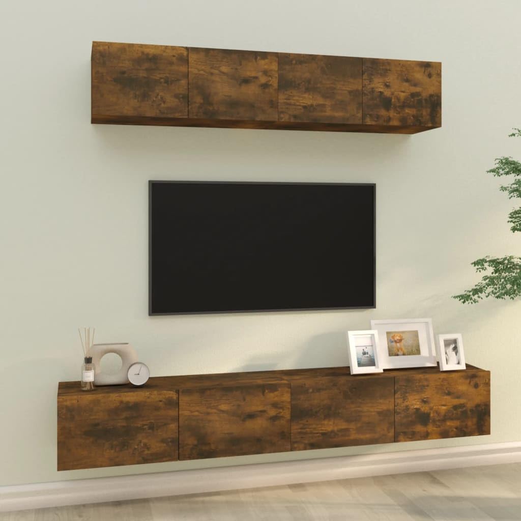 Vidaxl Tv Stand Set 4 Piece, Wall Mounted Entertainment Center, Tv Stand Console With Storage, Modern Style, Smoked Oak Engineered Wood