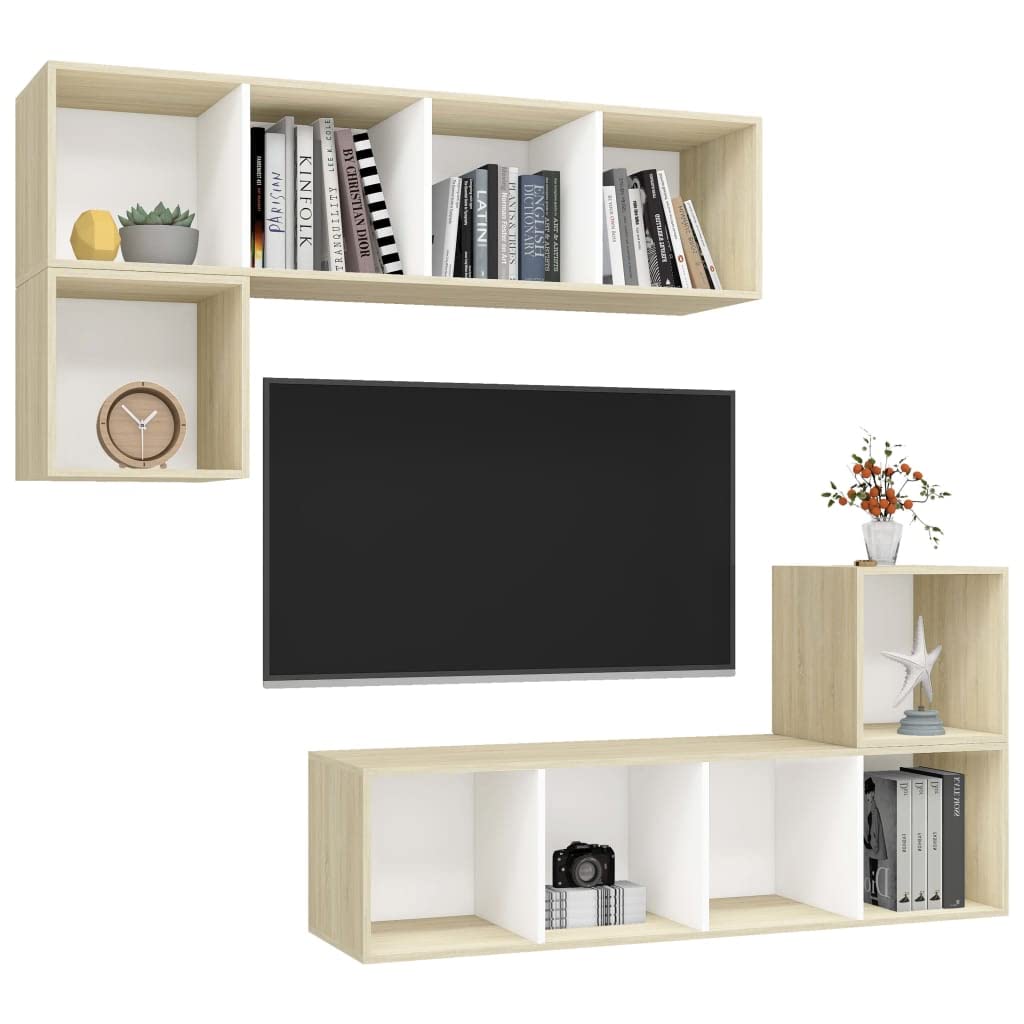 vidaXL TV Stand Set 4 Piece, TV Unit for Living Room, Sideboard with Storage, Media Unit Entertainment Center, Modern, White and Oak Engineered Wood