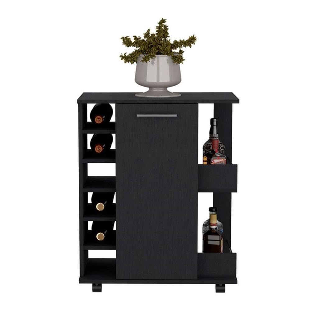 Depot E-Shop Selden Bar Cart With 6-Built In Bottle Racks, Casters And 2-Open Side Shelves, Black