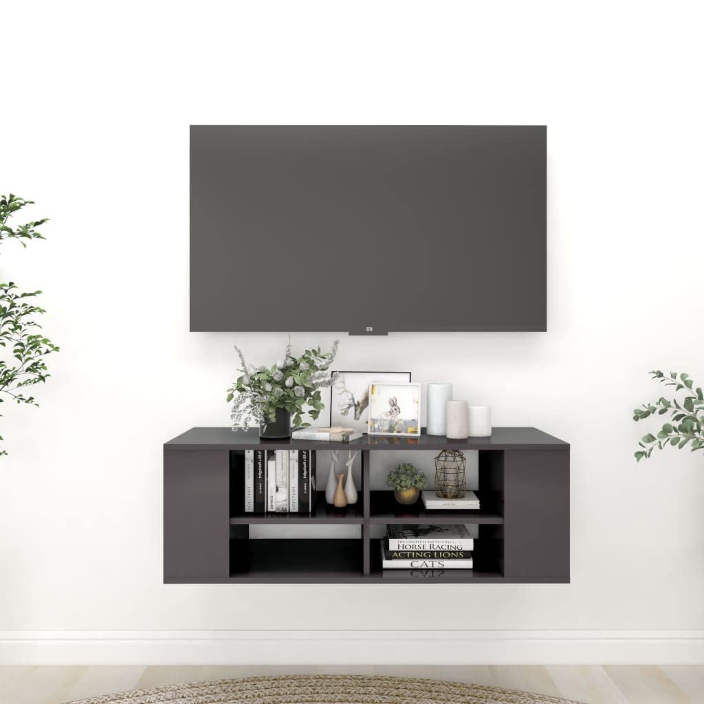 WELLIKEA 806246 Wall-Mounted TV Cabinet High Gloss Gray 40.2&quot;x14&quot;x14&quot; Chipboard